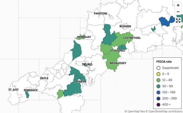 The map shows seven new Covid clusters for Cornwall in four days